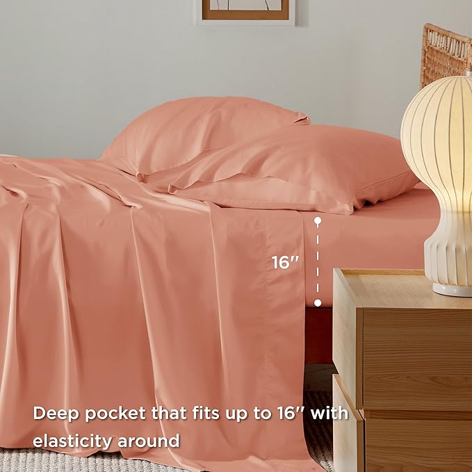 Bedsure Full Size Sheets, Cooling Sheets Full, Rayon Derived from Bamboo, Deep Pocket Up to 16", Breathable & Soft Bed Sheets, Hotel Luxury Silky Bedding Sheets & Pillowcases, Coral - LeafyLoom