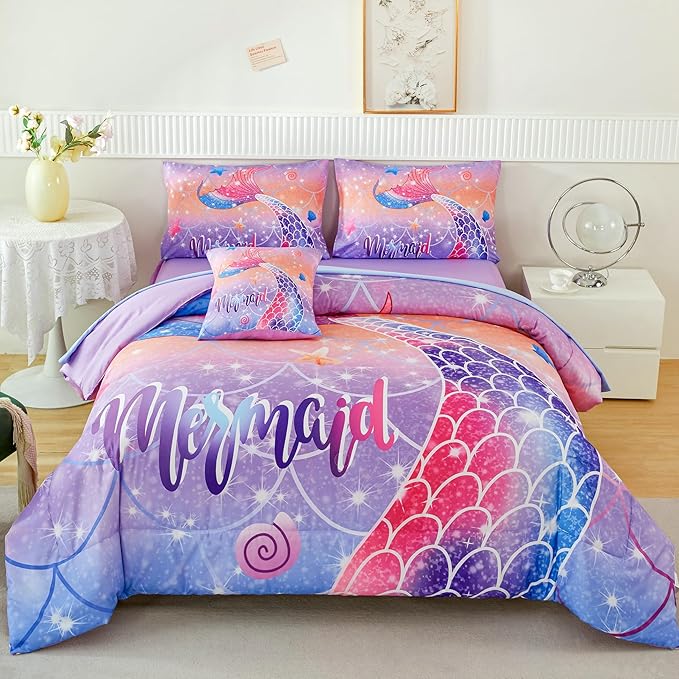 RYNGHIPY Full Bed in a Bag for Kids Teens Girls 6 Pieces, Soft Bedding for All Seasons, Cute Mermaid Tail Kids Bedding Set, Leightweight Girls Fluffy Bed Set - LeafyLoom