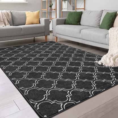 Chicrug Shag Geometric Modern Area Rug for Bedroom, 5x7 Feet Memory Foam Indoor Carpet, Fluffy Rug for Living room Bedside Room Decor for Family Girls Kids Nursery Play Mat, Dark Grey/White - LeafyLoom