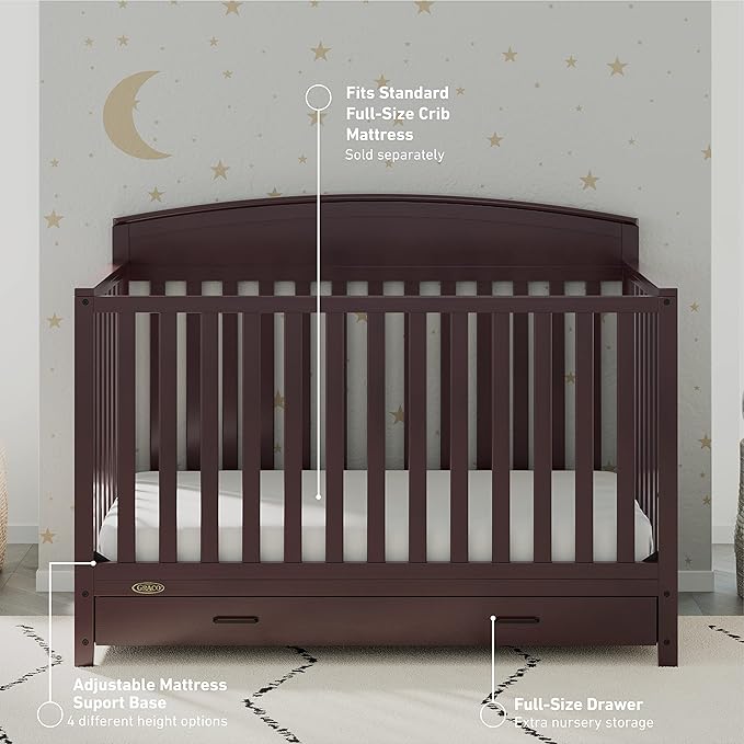 Graco Benton 5-in-1 Convertible Crib with Drawer (Espresso) - Converts from Baby Crib to Toddler Bed, Daybed and Full-Size Bed, Fits Standard Full-Size Crib Mattress, Adjustable Mattress Support Base - LeafyLoom