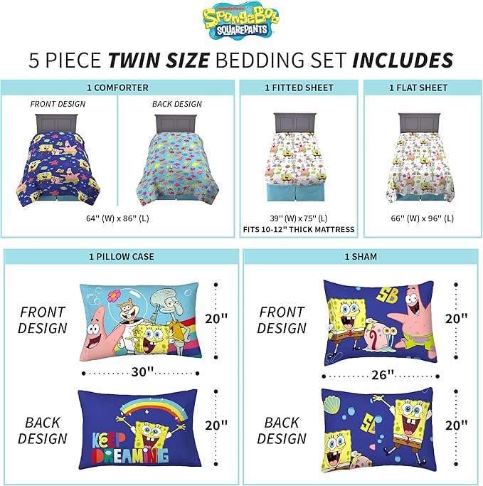 Franco Kids Bedding Super Soft Comforter and Sheet Set with Sham, 5 Piece Twin Size, Spongebob Squarepants - LeafyLoom