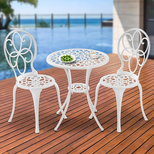 Patio Bistro Sets, Cast Aluminum Bistro Table and Chairs Set of 2 with Umbrella Hole, Bistro Set 3 Piece Outdoor, Metal Patio Furniture Set for Garden Porch, White - LeafyLoom