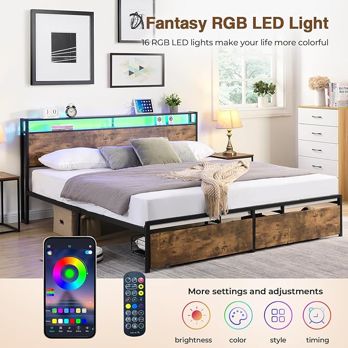 LED Queen Bed Frame with 2 Storage Drawers & Headboard, Platform Metal Bed Frame with Charging Station, Noise-Free, No Box Spring Needed, Vintage Brown - LeafyLoom