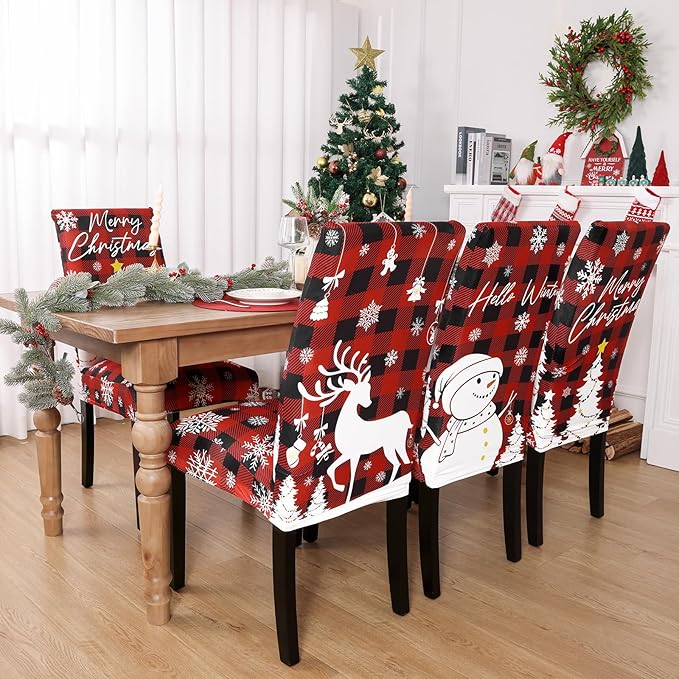 U'Artlines Christmas Chair Covers Set of 6, Removable Washable Merry Christmas Dining Chair Seat Covers Stretch Protector Slipcovers for Dining Room Kitchen Holiday Party Decor, Red Buffalo Plaid UArtlines