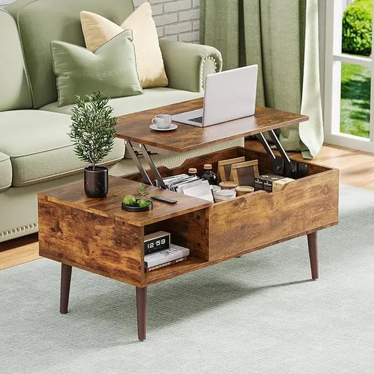 OLIXIS Modern Lift Top Coffee Table Wooden Furniture with Storage Shelf and Hidden Compartment for Living Room Office, Rust Brown - LeafyLoom