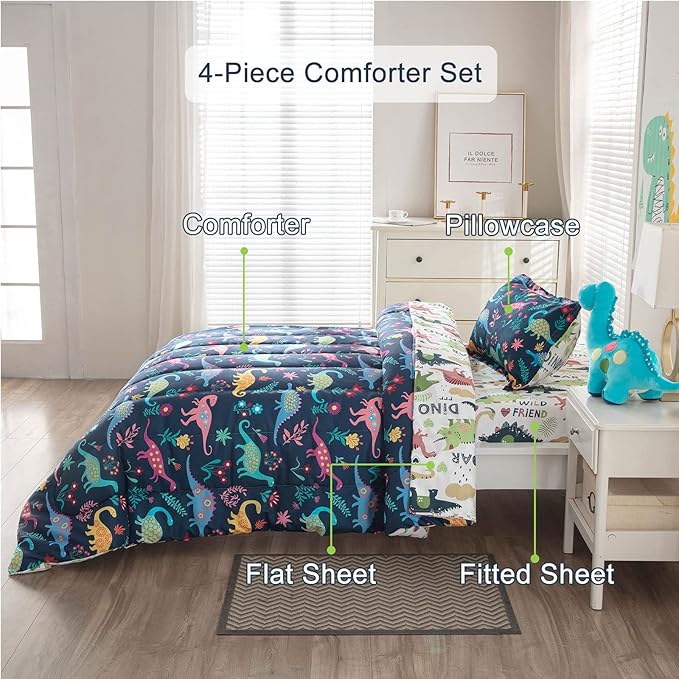 Dinosaur Twin Comforter Set for Boys Girls 4-Piece Dino Kids Bedding Sets Ultra Soft Cartoon Bedroom Set - Include Reversible Comforter, Flat Sheet, Fitted Sheet and Pillowcase, Blue - LeafyLoom