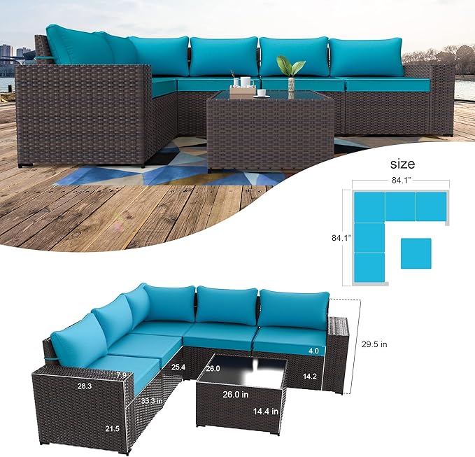 Kullavik 6PCS Outdoor Patio Furniture Set PE Wicker Rattan Sectional Sofa Patio Conversation Sets,Blue - LeafyLoom