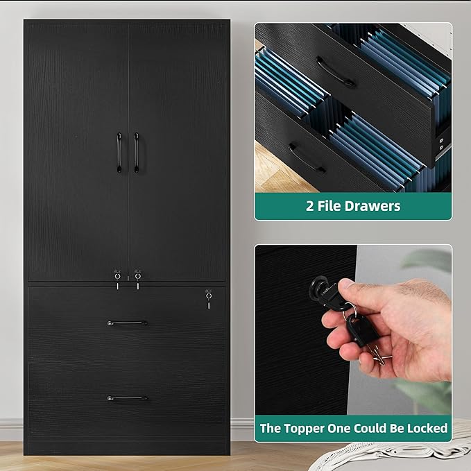 YITAHOME Wood File Cabinets, Heavy Duty Garage Tool Cabinets with Doors & Adjustable Shelves, Big Storage Filing Lockers for Home Office, Living Room, Pantry, Gym, Basement, Warehouse, Black - LeafyLoom