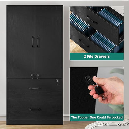 YITAHOME Wood File Cabinets, Heavy Duty Garage Tool Cabinets with Doors & Adjustable Shelves, Big Storage Filing Lockers for Home Office, Living Room, Pantry, Gym, Basement, Warehouse, Black - LeafyLoom