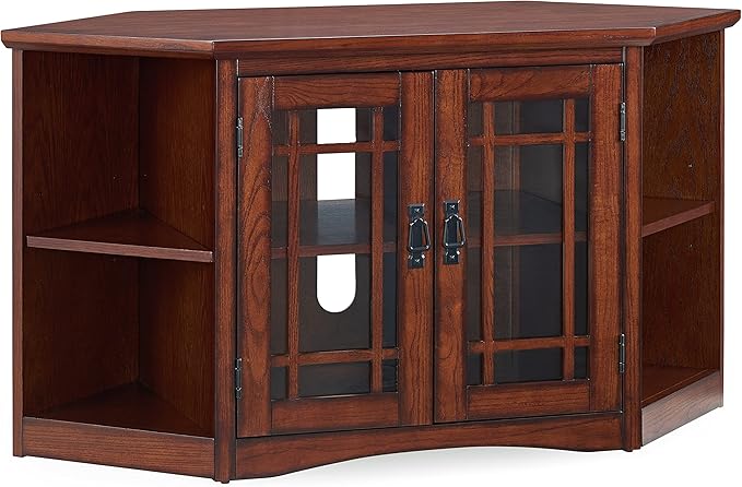 Leick Home 82287 Corner Stand with Bookcase Ends TV's, 50-inch, Mission Oak & ture Mission Drawer End Table, Solid ash and oak veneers, 22 in x 25 in x 23 in, Russet - LeafyLoom