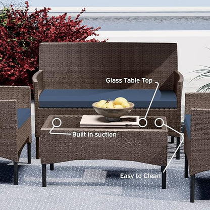 Nestl Outdoor Patio Furniture Sofas, Standard, Brown Base/Navy Blue Cushions - LeafyLoom