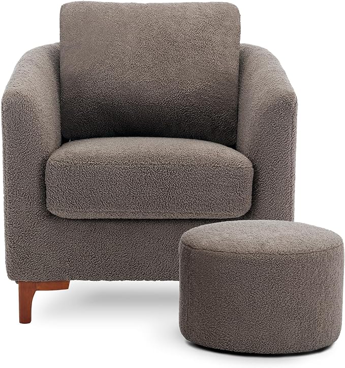 COLAMY H26-Brown Barrel Accent Chair with Ottoman, Set of 1, Brown - LeafyLoom