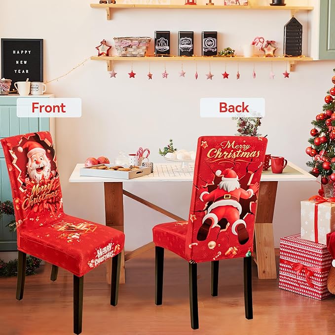 4PCS Christmas Dining Chair Covers Stretch Removable Washable Dining Room Chair Protector Slipcover 3D Print Santa Claus Deer Kitchen Chair Cover Slipcovers Protector for Xmas Holiday Party Home Décor CZL