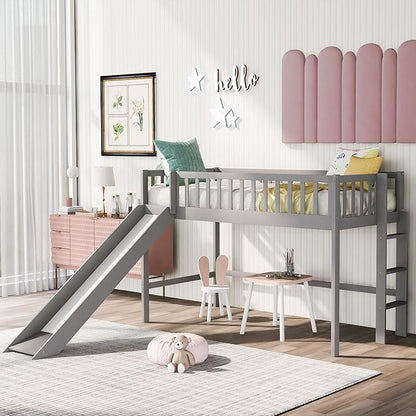 Merax Twin Wood Junior Low Loft Bed Frame with Slide Loft Bed with Full Length Guardrails for Kids Girls Boys,Gray - LeafyLoom