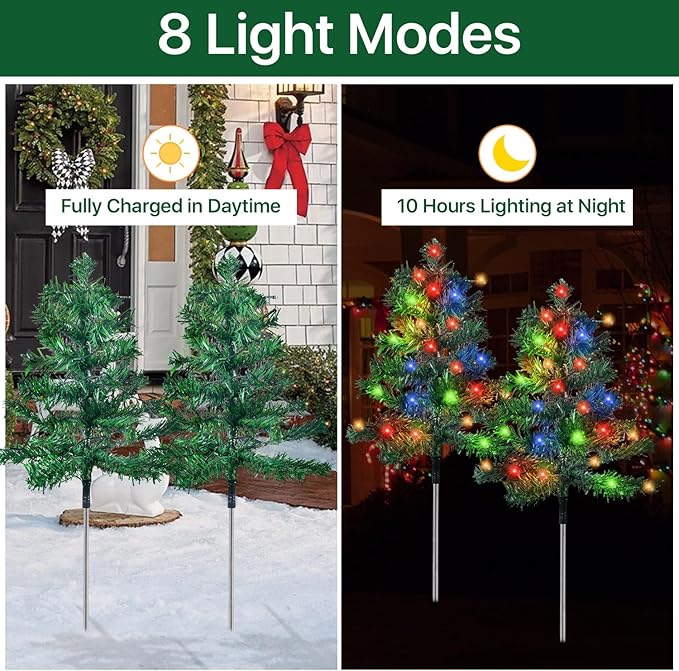 Outdoor Christmas Decorations 6-Pack Solar Christmas Tree with 8 Lighting Modes 120 Multi-Color Lights for House Outside Pathway Yard Garden Walkway Lawn Patio Front Porch Door Aovciust