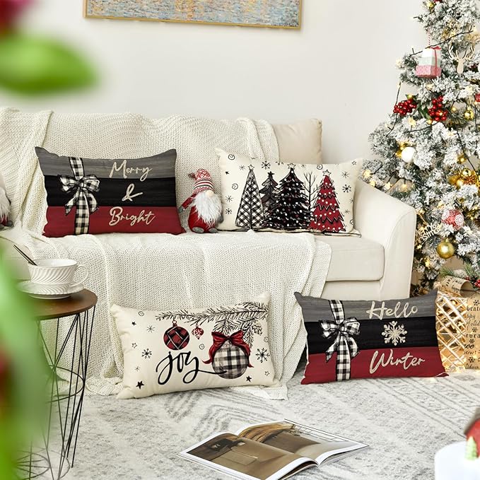 AVOIN colorlife Merry Christmas Joy Xmas Trees Red Throw Pillow Covers, 12 x 20 Inch Christmas Winter Holiday Cushion Case Decoration for Sofa Couch Set of 4 AVOINcolorlife