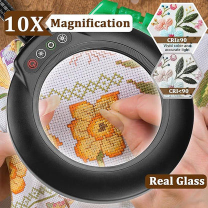 VEEMAGNI 10X Magnifying Glass with Light and Clamp, 23" Gooseneck 5 Color Modes Stepless Dimmable LED Desk Lamp, Real Glass Table Lighted Magnifier Hands Free for Craft Painting Sewing Close Work - LeafyLoom