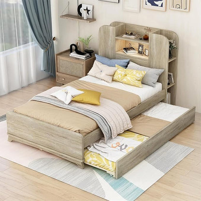 Merax Twin Bed Frame with Trundle and Bookcase Headboard,Kids Wood Platform Bed with Pull Out Bed and Light Strip in Headboard - LeafyLoom