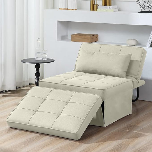 Sofa Bed, 4 in 1 Multi-Function Folding Ottoman Breathable Linen Couch Bed with Adjustable Backrest Modern Convertible Chair for Living Room Apartment Office, White - LeafyLoom