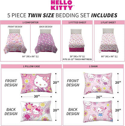 Franco Kids Bedding Super Soft Comforter and Sheet Set with Sham, 5 Piece Twin Size, Hello Kitty - LeafyLoom