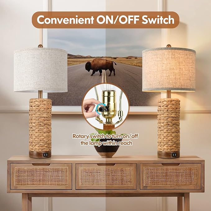 Set of 2 Rattan Table Lamps for Living Room with 2 USB Ports, 27in Tall Bedroom Lamp Costal Farmhouse, Rustic Woven Seagrass Bedside Nightstand Lamps for End Table, E26 Socket&Rotary Switch, No Bulb - LeafyLoom