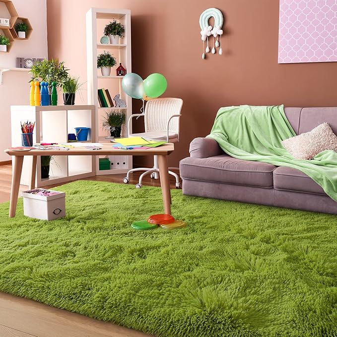 Super Soft Fluffy Shaggy Rugs for Living Room Bedroom, Fuzzy Plush Area Rugs for Girls Kids Room Nursery Home Decor, Furry Dorm Rug Cute Non-Slip Indoor Floor Carpet 4x5.9 Feet, Green - LeafyLoom