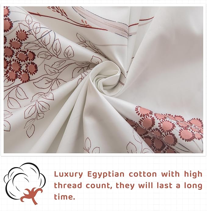 QSH Floral Bed Sheets King Size - 100% Egyptian Cotton Floral Bedding Sheets Aesthetic Flower Pattern Printed Bedding King Size Bed Sheets 17.5" Extra Deep Pocket 4pcs - LeafyLoom