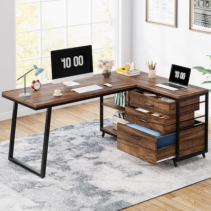 Reversible 53-inch L Shaped Desk with 3 Drawer, Farmhouse Corner Desk Gaming Table with Shelves and File Cabinet for Letter Size & Legal Size File for Home Office and Small Space - LeafyLoom