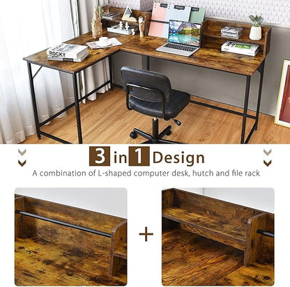 LUARANE 65.5 Inches L-Shaped Desk, Industrial Computer Desk with Hutch File Rack, Space Saving Corner Desk with Metal Frame, Computer Workstation for Home Office (Coffee) - LeafyLoom