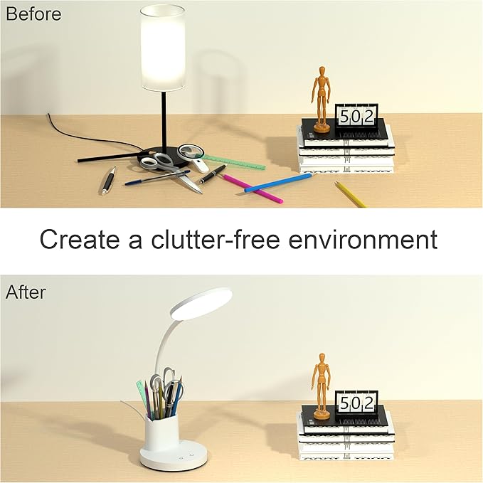 Desk Lamp, LED Desk Lamp for Home Office, Touch Table Lamp with 3 Color Modes 360° Adjustable Arm, Dimmable Desk Light with Pen Phone Holder, White - LeafyLoom