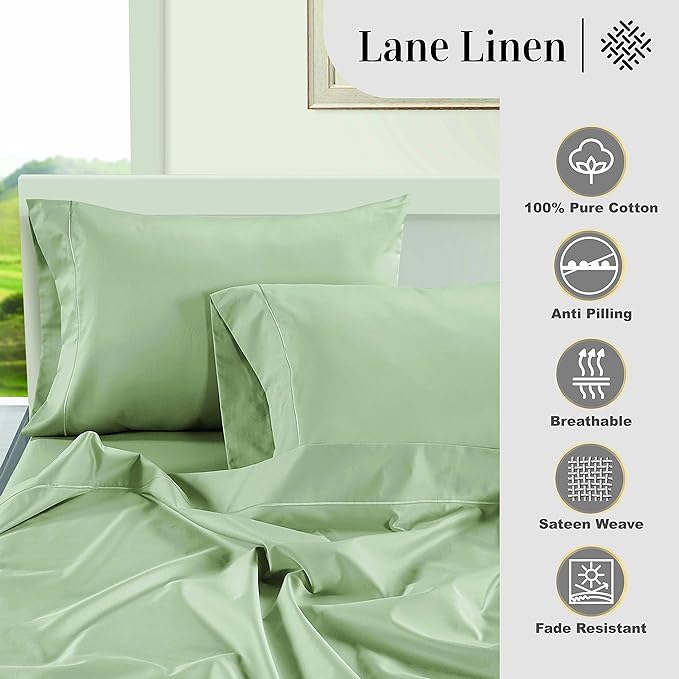 LANE LINEN 100% Egyptian Cotton Bed Sheets - 1000 Thread Count 3-Piece Twin Set Long Staple Bedding Sateen Weave Luxury Hotel Fits Upto 16" Mattress Mineral - LeafyLoom