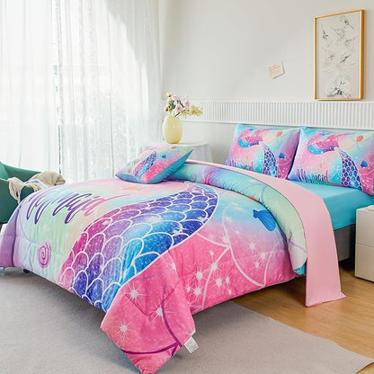 RYNGHIPY Mermaid Twin Girls Bedding Set, Colorful Rainbow Kids Girls Comforter Set with Sheets Soft and Lightweight, 6 Pieces Teen Girls Bed in a Bag - LeafyLoom