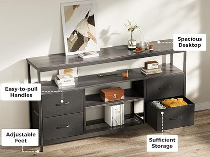 TV Stand Dresser with Power Outlets and LED Lights, 4 Drawers Entertainment Center with Shelves, 54in Media Console for 55 60 Inch TV, Dresser with PU Finish, Grey and Black - LeafyLoom