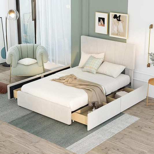 Full Size Upholstered Platform Bed Frame with 4 Storage Drawers and Adjustable Headboard, Wooden Slats Support, No Box Spring Needed, Beige - LeafyLoom