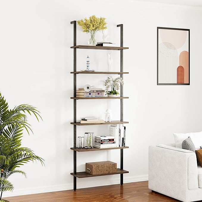 Ladder Shelf Black 6 Tiers Modern Bookshelf Room Organizer Open Tall Wall Mount Bookcase Standing Leaning Wall Shelves Industrial Decorative Living Room Bed Room - LeafyLoom