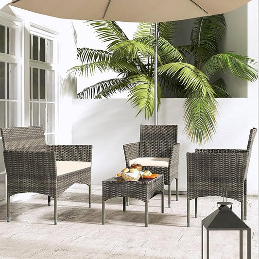 Patio Furniture, 4 Piece Conversation Set, Outdoor Wicker Rattan Table and Chairs, Sectional Sofa with Thick Cushion for Garden, Yard, or Porch, Brown - LeafyLoom