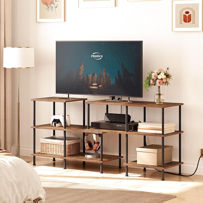 HOOBRO TV Stand, Deformable TV Stand with Power Outlets to 75 Inch, Modern Entertainment Center with Storage Shelves, Media TV Console Table for Living Room, Bedroom, Rustic Brown and Black BF15UDS01 - LeafyLoom