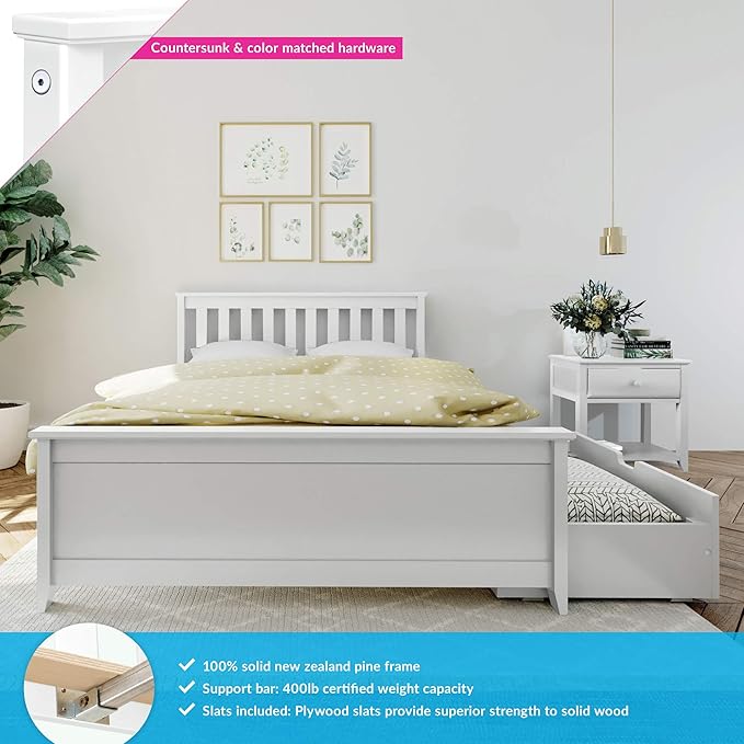 Max & Lily Full Bed, Bed Frame with Headboard For Kids with Storage Drawers, Slatted, White - LeafyLoom