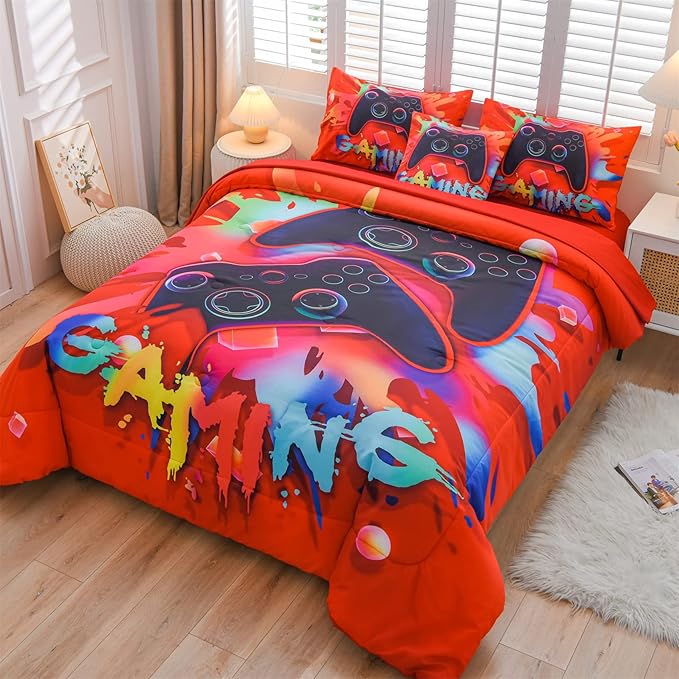 Aimuan Gaming Comforter Sets for Boys Kids Bedding Sets Video Games Console Action Buttons Novelty Colorful Game Gamepad Controller Modern Gamer Room Decor Home Quilt Set (Queen 6 Pcs,Red) - LeafyLoom