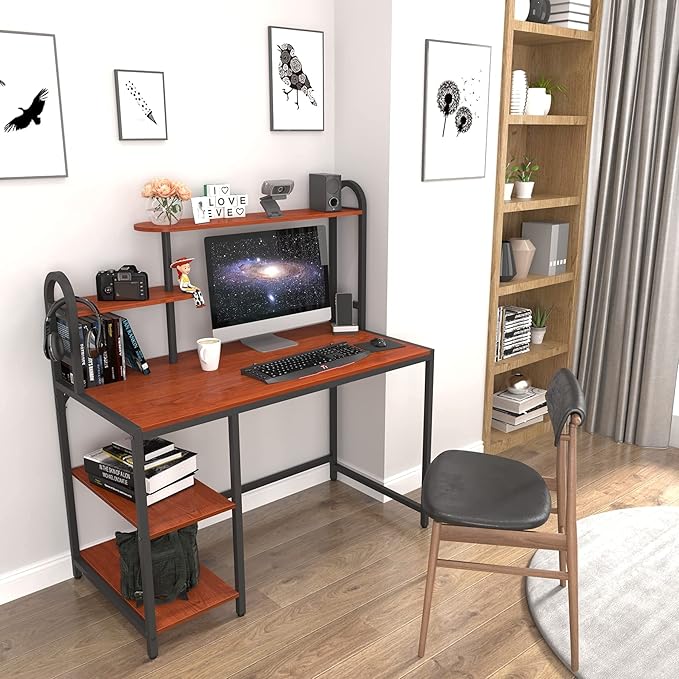 Anivia Computer Desk with Hutch and Shelves, 47'' Home Office Desk with Adjustable Bookshelves, Writing Desk PC Study Table Workstation for Small Spaces - LeafyLoom