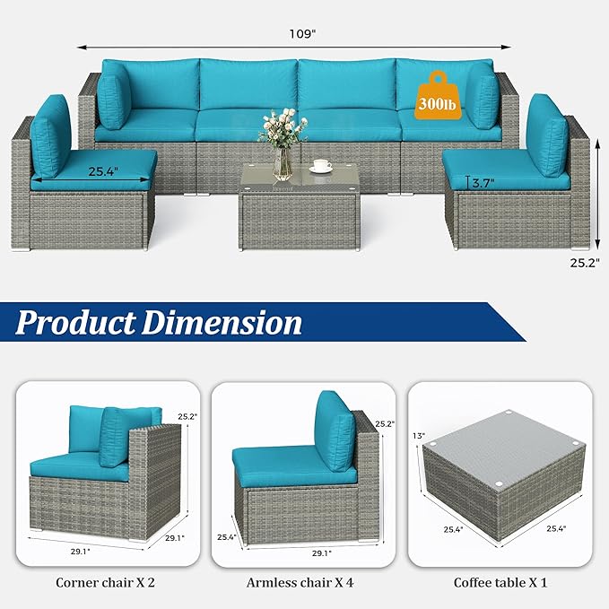 SUNVIVI OUTDOOR 7 Piece Patio Furniture Sets All Weather Grey PE Wicker Couch Sofa with Glass Table, Removable Blue Cushions - LeafyLoom