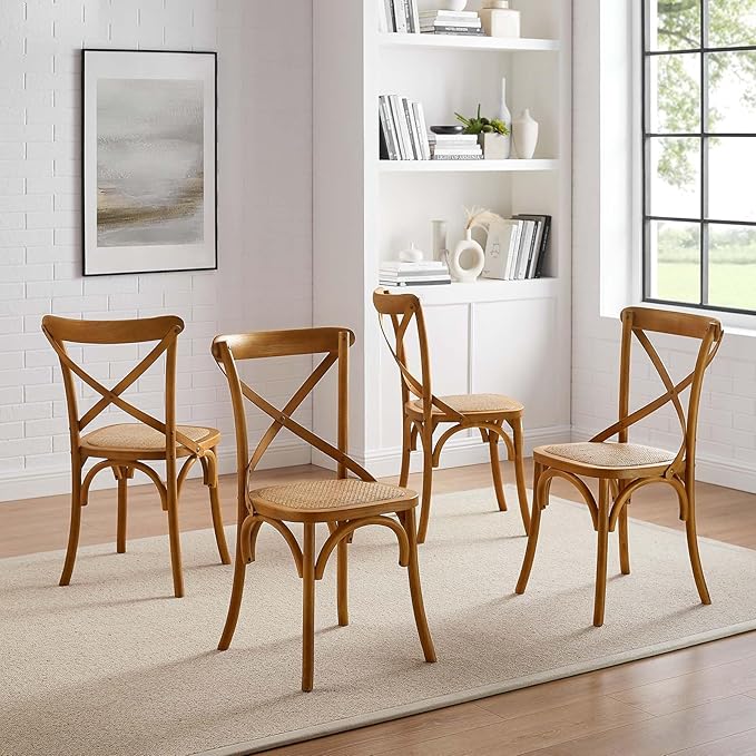 Modway Gear Rustic Modern Farmhouse Elm Wood Rattan Four Dining Chairs in Walnut - LeafyLoom