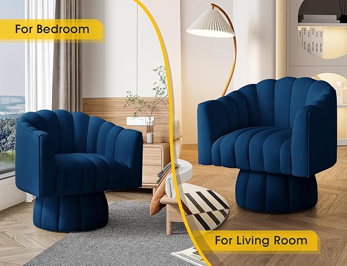 Accent Chair Mid Century 360 Degree Swivel Chair,Modern Lounge Sofa Round Barrel Chair with Wide Upholstered,Fluffy Velvet Fabric Chairs for Home Sofa Living Room/Bedroom/Waiting Room(Navy) - LeafyLoom