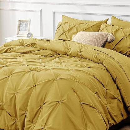 Bedsure Twin Comforter Set with Sheets - 5 Pieces Twin Bedding Sets, Pinch Pleat Mustard Yellow Twin Bed in a Bag with Comforter, Sheets, Pillowcase & Sham - LeafyLoom