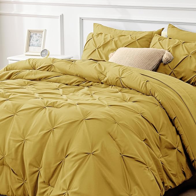 Bedsure Mustard Yellow Comforter Set Queen - Bed in a Bag Queen 7 Pieces, Pintuck Beddding Sets Green Bed Set with Comforter, Sheets, Pillowcases & Shams - LeafyLoom