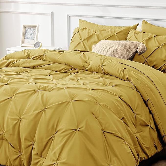 Bedsure Mustard Yellow Comforter Set Queen - Bed in a Bag Queen 7 Pieces, Pintuck Beddding Sets Green Bed Set with Comforter, Sheets, Pillowcases & Shams - LeafyLoom