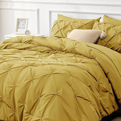 Bedsure Mustard Yellow Comforter Set Queen - Bed in a Bag Queen 7 Pieces, Pintuck Beddding Sets Green Bed Set with Comforter, Sheets, Pillowcases & Shams - LeafyLoom