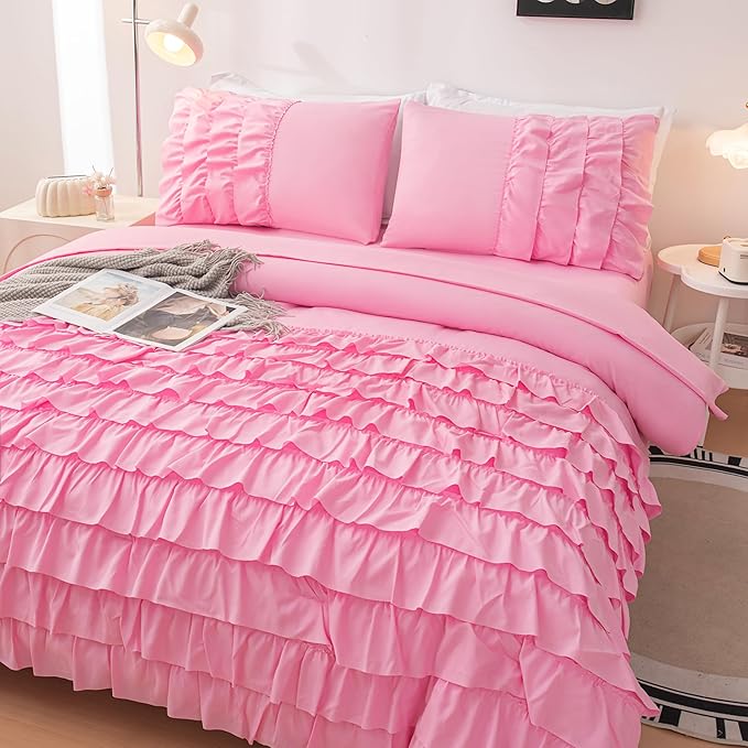 Teen Girls Pink Princess Dress Comforter Set Queen Size, 5 Pcs Bed in a Bag Girls Queen, Girls Pink Ruffled Bedding Set, Teen Bedding Sets for Girls Kids with Sheets - LeafyLoom