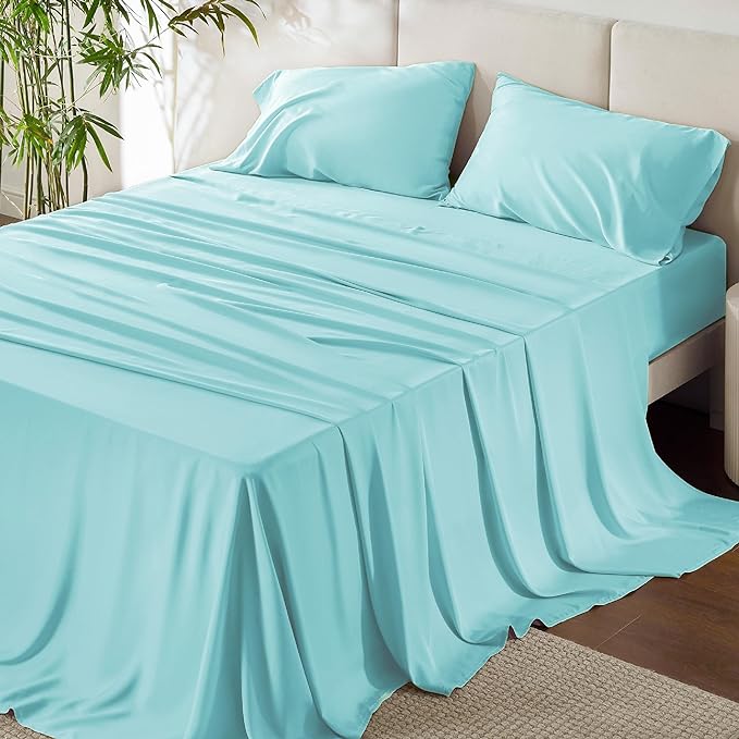 Bedsure Full Size Sheets, Cooling Sheets Full, Rayon Derived from Bamboo, Deep Pocket Up to 16", Breathable & Soft Bed Sheets, Hotel Luxury Silky Bedding Sheets & Pillowcases, Blue Tint - LeafyLoom