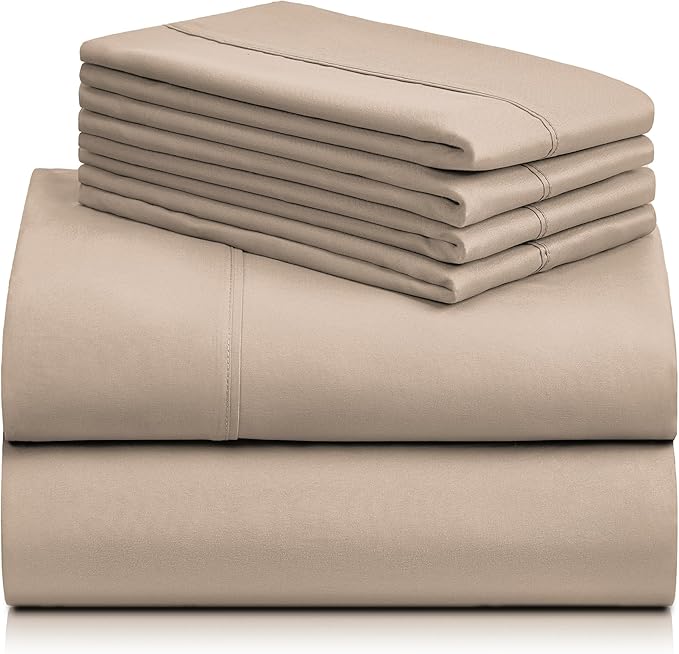 LuxClub 6 PC California King Sheet Set, Breathable Luxury Bed Sheets, Deep Pockets 18" Wrinkle Free Cooling Sheets Machine Washable Hotel Bedding Silky Soft - Light Khaki Cal King - LeafyLoom